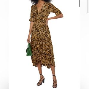 Ganni Black & Mustard Yellow Printed Midi Dress
